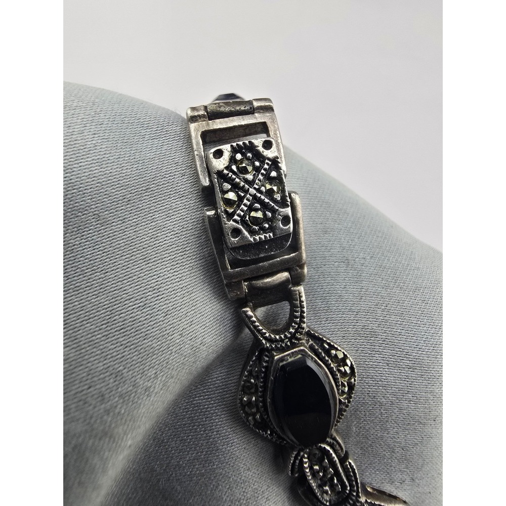 Vintage Estate Link Bracelet Sterling Silver Black Marcasite READ 7.5in - Picture 6 of 15